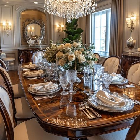 Elegant dining room decor with fine china, crystal, and floral centerpiece Dining Room Old Money, Rich Dining Room, Old Money Dining Room, Formal Dining Room Centerpiece, Royal Dining Room, Royal Dining Table, Dining Table Aesthetic, Elegant Dining Room Decor, Dining Room Centerpieces