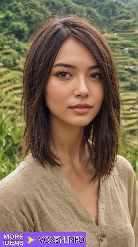 23 Flattering Bob Haircuts for Round Faces: Styles and Care Tips Asian Lob With Bangs, Long Bob Asian Hair, Short Hair Round Face Asian, Asian Lob Haircut, Shoulder Length Hair With Side Bangs, Lob 2024, Asian Hairstyles Round Face, Bob Haircut Round Face, Haircut Round Face