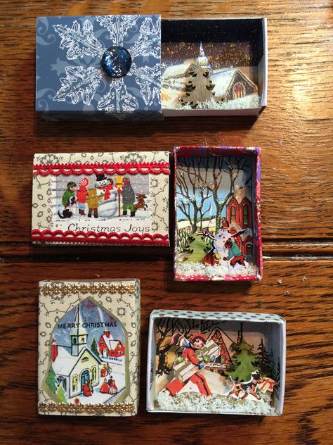 Christmas Matchbox Scenes made by Jane Corbett Christmas Matchbox Crafts, Match Box Art Matchbox Crafts, Box Art Ideas, Car Ornaments Diy, Matchbox Crafts, Match Boxes, Christmas Shadow Boxes, Diy Craft Ideas, Matchbox Art