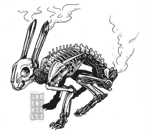 Mechanized Rabbit Skeleton by jbrenthill Rabbit Skeleton, Uniball Pen, Drawing Dead, Deer Skull Art, Mechanical Animals, Skeleton Drawings, Rabbit Drawing, Animal Skeletons, Rabbit Tattoos