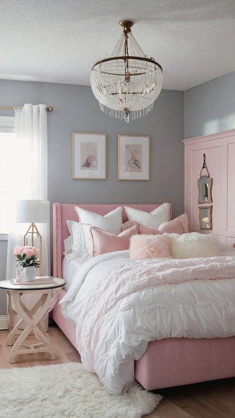 Transform your bedroom with these stunning pink bedroom ideas From soft pastels to dark rose tones discover how to incorporate grey black teens gray and small touches of white and kids green and girly elements Whether you prefer a dusty or a more vibrant look these decor ideas will inspire you to create the perfect pink-themed retreat Black Pink Gray Bedroom, Pink Bedroom Decor Aesthetic, Pink And White Bedding Ideas, Pink Gray White Bedroom, Pink White And Black Bedroom, Pink Gray And White Bedroom Room Ideas, Small Room Makeover Inspiration, Pink Black And White Bedroom, Pink And Gray Bedroom