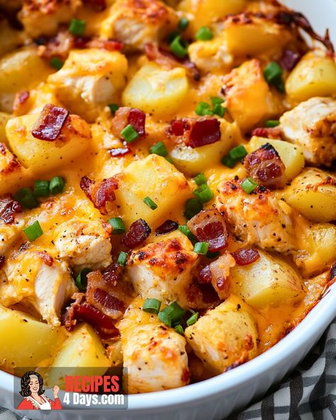 Loaded Buffalo Chicken Baked Potato, Buffalo Chicken And Potato Bake, Loaded Cheesy Chicken Potato Casserole, Loaded Buffalo Chicken Casserole, Loaded Potato Chicken Casserole, Chicken Bacon Potato Bake, Chicken And Potatoe Recipes, Loaded Potato And Chicken Casserole, Loaded Potato Ranch Chicken Casserole