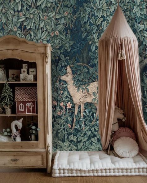 Woodland Wallpaper Mural, Enchanted Woodland Wallpaper, Forbidden Forest Nursery, Cute Nursery Wallpaper, Mystical Forest Nursery, Forest Wallpaper Nursery, Magical Nursery Woodland, Moody Whimsical Nursery, Enchanted Forest Nursery Ideas