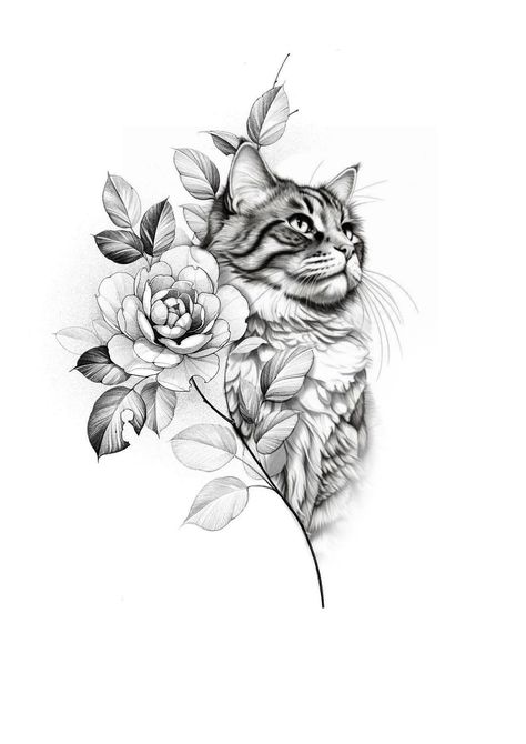 Eye With Flowers Tattoo, Mainecoon Tattoo, Cat Tattoo Arm, Cat Tattoo Portrait, Cat And Flower Tattoo, Calico Cat Tattoo, Cat Flower Tattoo, Floral Cat Tattoo, Cat Portrait Tattoo