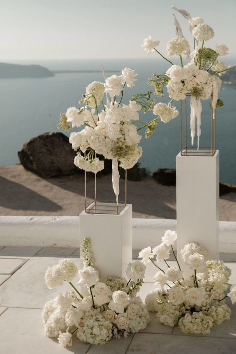 Modern Wedding Ceremony Flowers, Holy Matrimony Decoration, Otherworldly Wedding, Greek Wedding Decor, White Plinth, Santorini Greece Wedding, Corfu Wedding, Floral Sculptures, Wedding Aisles