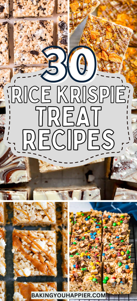 30 Rice Krispie Treat Recipes, enjoy ooey-gooey homemade Rice Krispie Treats for every season, all year long! Rice Krispie Treats With Drizzle, Rice Krispy Brownies, Candy Rice Crispy Treats, Rice Krispie Treat Cupcakes, Rolo Rice Krispie Treats, Homemade Rice Crispy Treats Recipe, Rice Crispy Treats Variations, Skor Rice Krispie Treats, Grown Up Rice Krispie Treats