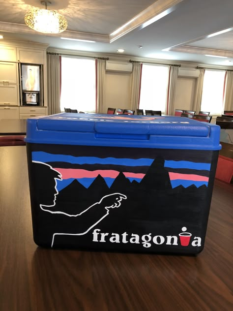 Cooler Painting Fratagonia Mountain Weekend Cooler Ideas, Painting Coolers For Guys Fraternity, Decorating Coolers Fraternity, Custom Cooler Ideas, Ato Formal Cooler, Unique Frat Cooler Ideas, Painted Frat Cooler Ideas, Colorado Frat Cooler, Aepi Fraternity Cooler