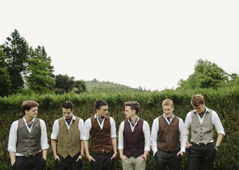 Gallery & Inspiration | Picture - 742589 - Style Me Pretty Hobbit Groomsmen Attire, Groomsman Mismatched Suits, Hobbit Wedding Groomsmen, Medieval Groomsmen, Hobbit Groomsmen, Groomsmen Attire Mismatched, Mismatched Groomsmen Attire, Groomsmen In Vests, Groomsmen Waistcoat