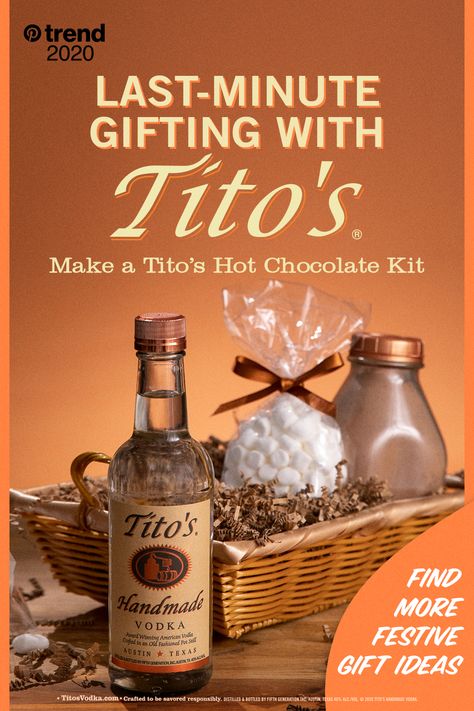 Pick up a bottle of Tito’s Handmade Vodka for a gift that’ll keep your favorite folks toasty and warm all winter long. Just grab a bottle of the good stuff, your go-to hot cocoa mix, and a few tasty toppings (you can never go wrong with mini marshmallows). Perfect for bundling up and hunkering down, make this festive gift basket and share a little cheer this season. Simple, smooth, and naturally gluten-free. Here’s to a happy holiday. Tito’s Gift Basket, Titos Vodka Gift Basket Ideas, Vodka Gift Baskets, Vodka Gifts, Hot Cocoa Mix, Cocktail Gifts, Boozy Drinks, Drinks Cocktails, Alcohol Gifts