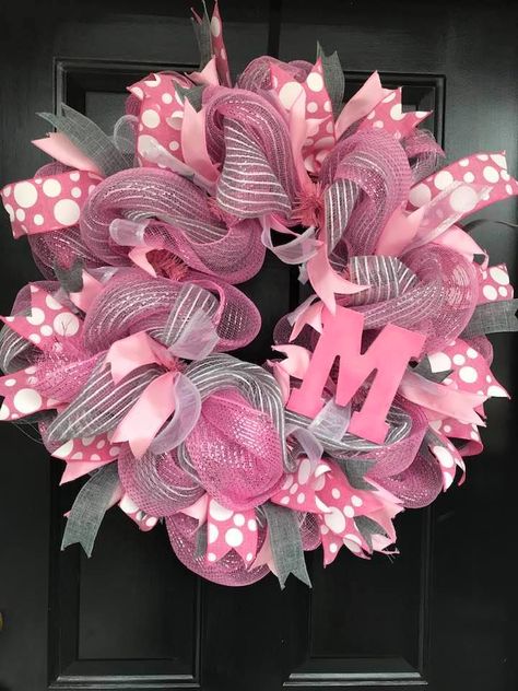 Pink and Gray Mesh Wreath with initial Pink Wreath Ideas, Pink Mesh Wreath, Pink Christmas Wreath, Rose Gold Christmas, Pink Wreath, Wall Wreath, Handmade Signs, Monogram Wreath, Wreath Making