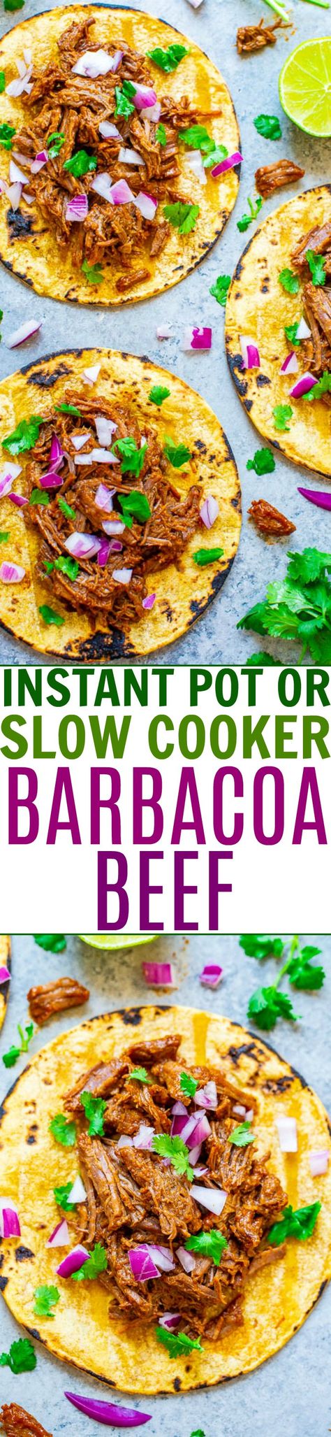 Instant Pot Barbacoa Beef (+ Slow Cooker Instructions!) - Averie Cooks Instant Pot Barbacoa Beef, Barbacoa Crock Pot, Instant Pot Barbacoa, Slow Cooker Barbacoa, Simple Dinners, Averie Cooks, Barbacoa Beef, Mexican Food Recipes Easy, Insta Pot