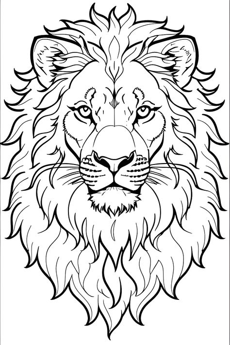 A line drawing portrait of an adult male lion. Seni Mural, Lion Head Logo, Lion Coloring Pages, Lion Sketch, Lion Drawing, Pencil Drawings Of Animals, Afrique Art, Lion Painting, Male Lion