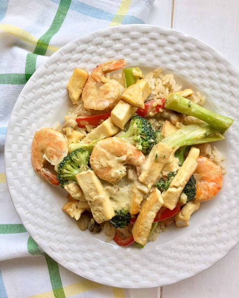 Shrimp & Tofu Green Curry Shrimp Green Curry, Tofu Green Curry, Shrimp Tofu, Tofu Snacks, Vegan Thai Curry, Thai Tofu, Vegan Thai Green Curry, Mapo Tofu Recipe, Recipe For Shrimp