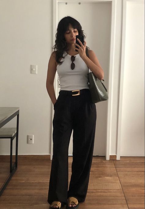 White Tank Top Black Jeans, Tank Top And Slacks Outfit, Black Pants Tank Top Outfit, Black Pants White Tank Top Outfit, Summer Work Outfits Black Pants, Tank Top Work Outfit, Black Pants White Top Outfit Classy, Summer Slacks Outfit, White Shirt Black Pants Outfit Woman