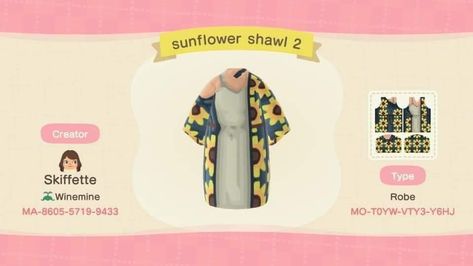 Acnh Sunflower Dress, Acnh Crop Top, Acnh Dress Design, Animal Crossing Creator Code, Acnh Sunflower, Acnh Dress Design Codes, Animal Crossing Island Inspo, Sunflower Shawl, Acnh Mushroom