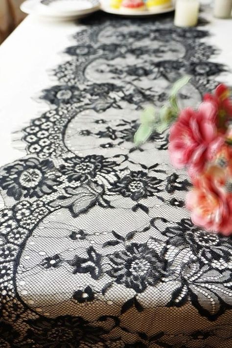 Amazon.com: 14 x 120 Inches Black Lace Table Runner Decoration Anniversary Embroidered Doilies Party Supplies Vintage Lace Centerpiece Theme for Christmas Boho Wedding Bridal Baby Shower Decorations : Home & Kitchen Black Lace Table Runner, Leather And Lace Party Theme, Leather And Lace Party, Lace Centerpieces, Masquerade Prom, Black Lace Wedding, Romantic Candle Light Dinner, Lace Table Runner, Vintage Centerpieces