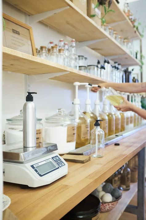 Bulk Shopping at Good Buy Supply. Philadelphia's first shop dedicated to the zero-waste movement. #zerowaste #refillery #bulkshop #refillshop Laundromat Business, Candle Making Studio, Bulk Store, Bulk Shopping, Apothecary Decor, Fragrance Lab, Zero Waste Store, Retail Space Design, Eco Store