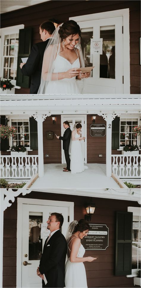 Bride and groom reading letters to each-other back to back. Riverwalk landing Wedding Venue- Wilmington, NC First Look Wedding Photos, First Look Wedding, Charlotte Wedding, River Walk, Wilmington Nc, Destination Wedding Photography, Tie The Knots, Style Wedding, Bride And Groom