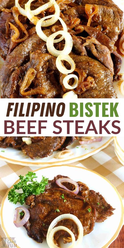 Learn how to make a succulent Filipino Bistek recipe. Thinly-sliced sirloin smothered in a rich gravy. Only 5 grams net carbs each! Beef Steak Tagalog, Filipino Bistek Recipe Beef, Beef Pinoy Recipe, Bistek Recipe Filipino Dishes, Keto Filipino Recipes, Easy Filipino Food, Pinoy Bistek Recipe, Beef Steak Filipino, Filipino Bistek Recipe