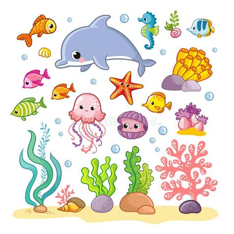 Big set with sea animals and plants in cartoon style. Vector illustration stock image Buddha Wallpaper Iphone, Buddha Wallpaper, Theme Illustration, Cartoon Sea Animals, Plant Cartoon, Animals And Plants, Marine Theme, Preschool Art Activities, Cover Book