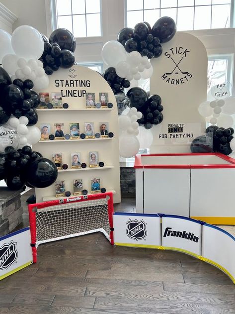 Hockey Party: A Celebration for Fans of All Ages. Decorate w/hockey sticks, pucks, & jerseys. Set up a mini hockey rink for a friendly game & offer hockey-themed snacks such as power play pizzas, hat trick hot dogs, and breakaway brownies. Encourage guests to wear their favorite team’s jersey and challenge each other to a friendly game of street/mini hockey. Send guests home w/hockey-themed favors like mini pucks, sticks, or water bottles. Hockey Themed Birthday Party, Hockey Party Favors, Hockey Birthday Party, Pop Up Party, Hockey Birthday Parties, Hockey Decor, Hockey Party, Hockey Birthday, Decor Backdrop