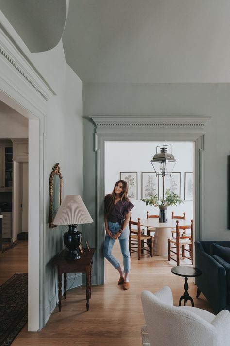 Blue Grey Living Room, Family Room Paint, Blue Gray Paint Colors, Blue Gray Paint, Modern Colonial, Dining Room Paint, Dining Room Blue, Chris Loves Julia, Blue Paint Colors