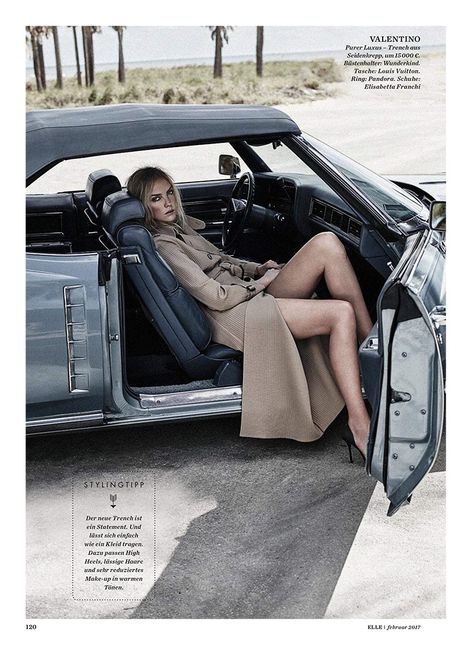 Posing in a car, Heather Marks wears Valentino trench coat and Elisabetta Franchi heels Heather Marks, Car Editorial, Classic Car Photoshoot, Haircut Selfie, Photo Hijab, Car Poses, Motor Mobil, Montero Sport, Auto Retro