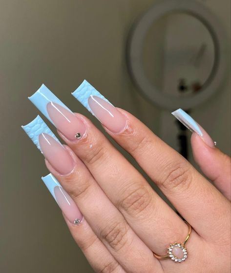 Blue Outline Acrylic Nails, Light Blue Tapered Square Nails, Blue Long French Tip Nails, Light Blue Medium Nails, Dark Blue French Tips Nails, Basic Baddie Nails Spring, Long Square Acrylic Nails French Tip, Blue Acrylic Nails Short Square, Basic Baddie Nails French Tip