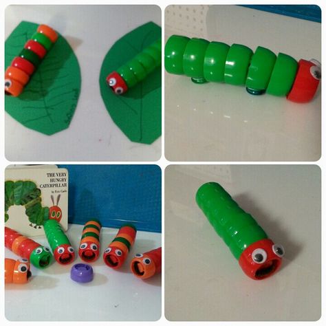 Very Hungry Caterpillars....made with baby food pouch lids. Squeeze Pouch Caps, Crafts With Pouch Caps, Pouch Cap Crafts, Pouch Lid Crafts, Pouch Recipes, Baby Food Pouches, Pouch Craft, Baby Food Pouch Recipes, Food Pouch