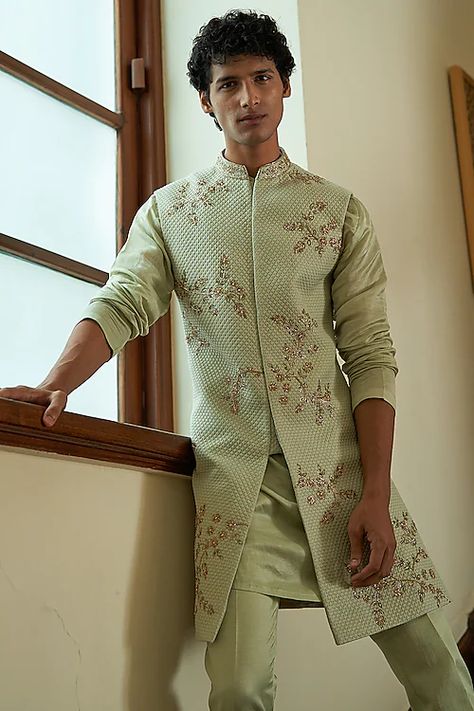 Shop Designer Sherwani for Wedding | Sherwani for Groom Green Sherwani For Men, Wedding Sherwani For Groom, Green Sherwani, Mehendi Dress, Sherwani For Groom, Placement Embroidery, Sherwani Groom, Sherwani For Men, Wedding Sherwani