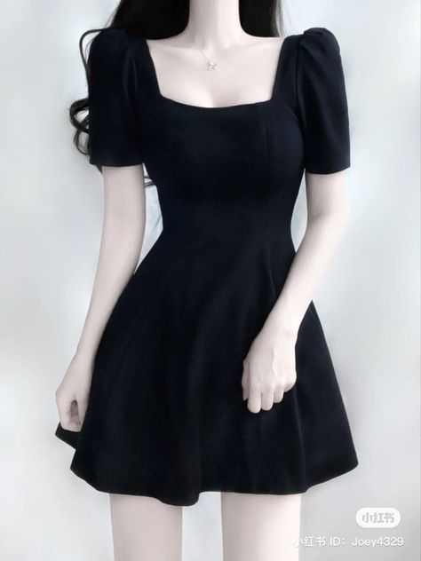 Black Mini Dress Short Sleeve, Dress Astethic, Black Mini Dress Aesthetic, Black Korean Dress, Short Dress Korean, Cute Black Dresses, Black Cute Dress, Mini Dress Korean Style, Party Dress Summer