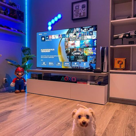 Pc And Tv Setup, Gaming Setup Ps5, Ps5 Set Up, Bedroom With Gaming Setup, Gaming Tv Setup, Tv Gaming Setup, Streaming Aesthetic, Ps5 Setup, Gaming Living Room