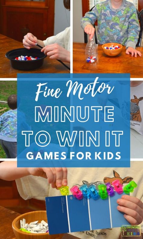 Fine Motor Minute to Win it Games for Kids.     #Finemotorskills #finemotor #childdevelopment #Occupationaltherapy #Kidsactivities #GamesforKids #Minutetowinit Preschool Fine Motor Activities, Sensory Games, Games Outdoor, Kids Backyard, Fine Motor Activities For Kids, Minute To Win It Games, Minute To Win, Preschool Fine Motor, Gross Motor Activities