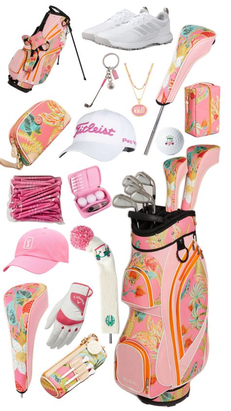 Cute Golf Aesthetic, Girly Golf Aesthetic, Cute Golf Clubs, Pink Golf Clubs, Golf Bag Essentials, Cute Golf Bags, Golf Bag Aesthetic, Women’s Golf Clubs, Womens Golf Bag