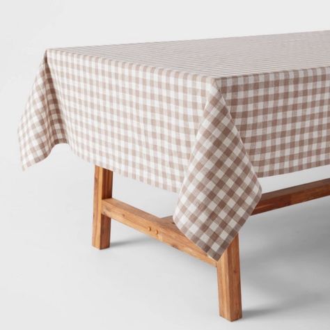 cutest gingham, dining table cloth available at target Cottage Core Table Cloth, Tan Gingham Tablecloth, Simple Easter Table Decor, Classic Tablescape, Gingham Table Cloth, Gingham Decor, Wedding Table Cloths, Gingham Wedding, Summer Baby Shower Themes