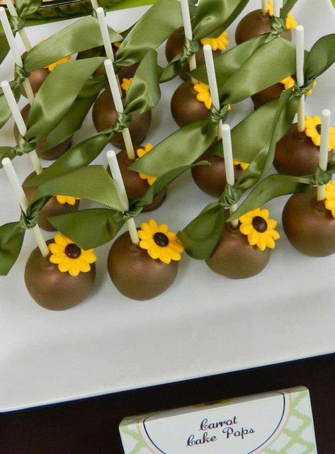 Surprise and Sunflower 30th Birthday Party!! | CatchMyParty.com Sunflower 1st Birthday Cookies, Sunflower Cakepops, Sunflower Cake Pops, Sunflower Birthday Party, Wine Birthday Party, Sunflower Birthday Parties, Wine Birthday, Sunflower Cake, Party Design Ideas