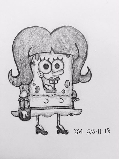 Pencil drawing of Spongebob dressed as a girl - 28 - 11 - 18 ----- R.I.P Stephen Hillenburg Sketches Of Spongebob, Spongebob Sketches, Drawing Of Spongebob, Spongebob Sketch, Easy Cartoon Characters, Colored Pencil Artwork Ideas, Dream Picture, Spongebob Characters, Lilies Drawing