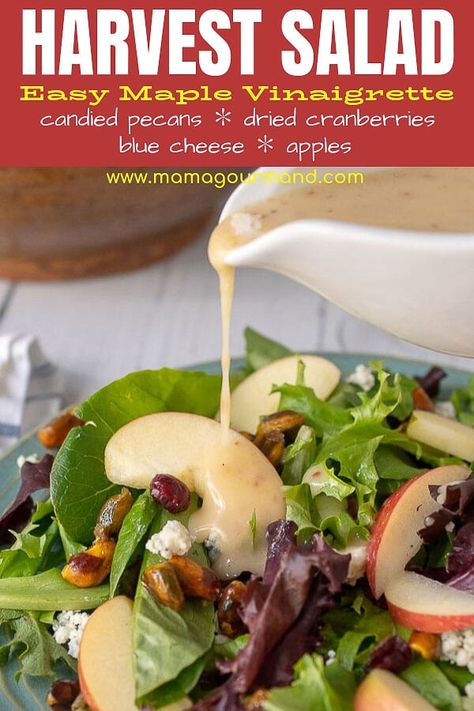 Harvest Salad with maple vinaigrette combines fresh greens, candied pecans, crisp apples, dried cranberries, and tangy blue cheese all tossed together in a deliciously easy dressing. #harvestsalad #dressing #wendys #thanksgiving #cranberry #maplevinaigrette #fallsalad Salad With Maple Vinaigrette, Apple Pecan Salad, Harvest Salad Recipes, Maple Vinaigrette, Autumn Salad Recipes, Harvest Salad, Cranberry Salad, Pecan Salad, Apples And Cheese