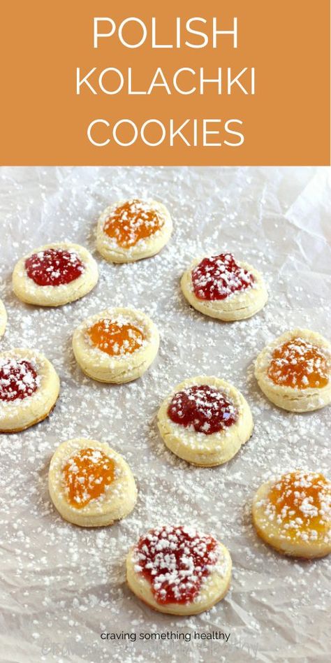 These Polish kolachki cookies are the real deal! Just like my grandma and my mom used to make back in the day, with a cream cheese and butter dough. #Polishrecipes #polishcookies #kolachkis #kolachkes #jamcookies #holidaycookies Polish Wedding Cookies, Polish Kolache Recipe, Cream Cheese Kolacky Cookies, Klochkies Cookies Polish, Crazy Cookies Recipes, Kolachy Cookies Easy, Kolacky Cookies Polish, Polish Kolaczki Cookies, Klotchky Cookies Recipe