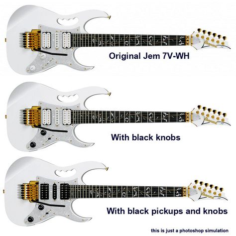 Ibanez Jem 7V-WH. Simulation with black knobs and black pickup bobbins. I wanted to see what it would look like. I'm going with black knobs and black tip only. Adds a little contrast. Mami Sasazaki, Black Knobs, Guitar Tutorial, Beautiful Guitars, Musical Toys, Drums, Electric Guitar, Bass, Musical