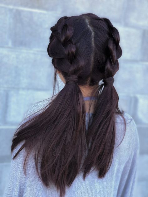 Plaits Into Pigtails, Braid With Pigtails, High Pigtail Braids, Pigtails With Braids, Ramona Core, French Braided Pigtails, Low Pigtail Hairstyles, Dutch Braid Pigtails, Double Braid Hairstyles