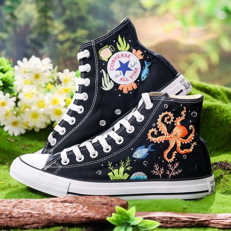 Custom Embroidered Converse High Tops, Octopus and Sea Turtle Embroidered Sneakers Custom, Ocean and Coral, Fish Embroidered Sneakers for Women, Diver Gifts 💚 Immerse yourself in the intricate craftsmanship as we lovingly hand embroider rustic flowers onto your chosen Converse pair 💚 🌿 The listed price encompasses both the Converse Shoes and the showcased Embroidery Designs. 1. MANUFACTURING PROCEDURE 🌿 Upon receiving your order, we initiate the shoe preparation process. If your chosen shoes Paint Converse Diy, Aesthetic Embroidery Designs, Decorated Converse, Embroidery Shoes Diy, Embroidered Converse High Tops, Shoe Embroidery, Converse Chuck 70s, Converse Embroidery, Decorating Shoes