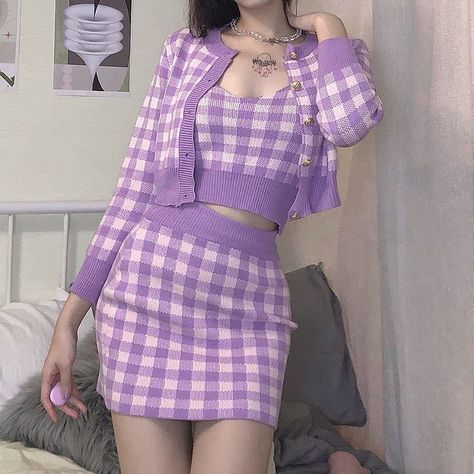 21fe5b8ba755eeaece7a450849876228desc52059739ri Crop Top Mini Skirt, Mini Skirt Summer, Korean Summer Outfits, Cardigan Crop Top, Purple Outfits, E Girl, Kawaii Fashion Outfits, Skirt Summer, Cardigan Crop