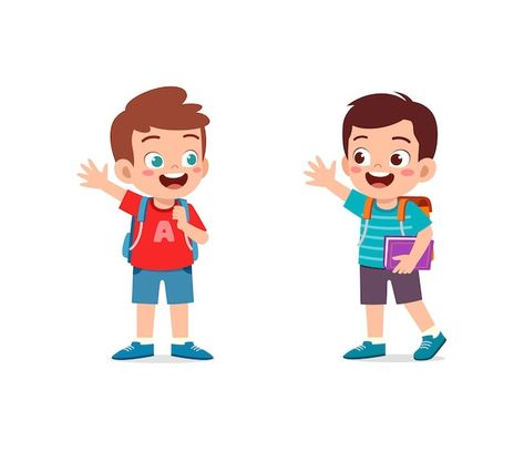 Little kid say hello to friend and go to... | Premium Vector #Freepik #vector #kids-talking #kids-cartoon #people-children #school-friends Hello Cartoon, School Friends, Kids Talking, Friend Cartoon, Kids Vector, Cartoon People, Kids Cartoon, Go To School, Craft Organization