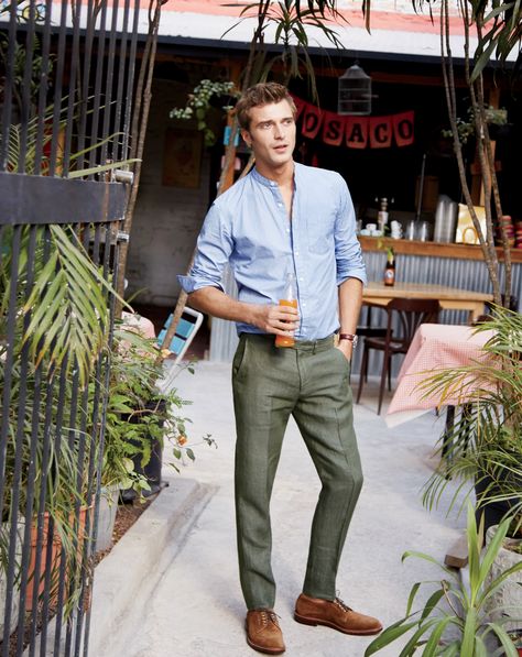 Men’s Olive Pants Outfit, Green Pants Man Outfit, Men's Green Pants Outfit, Banded Collar Shirt Men Outfit, Men Olive Pants Outfit, Men’s Green Pants, Green Khaki Pants Outfit Men, Band Collar Shirt Men Outfit, Blue And Green Outfit Men