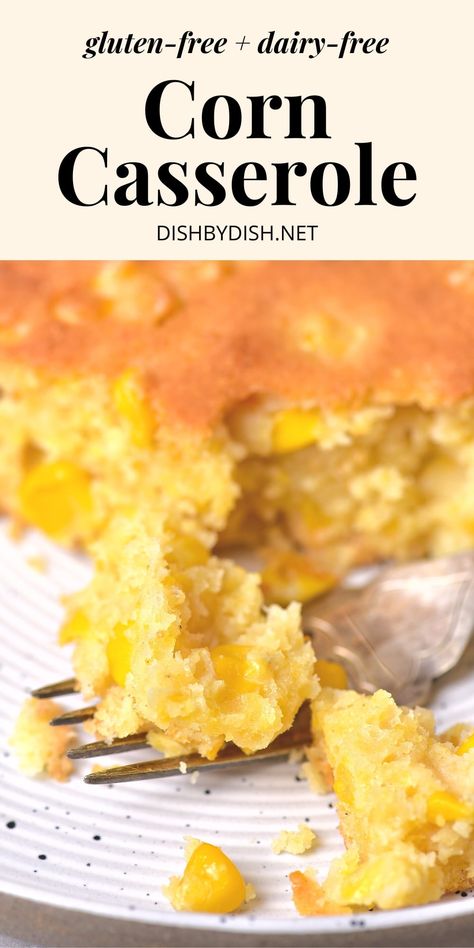 This gluten-free corn casserole is chock full of sweet corn kernels, with a moist and tender crumb and baked till golden brown perfection on top. It's the perfect side dish for your Thanksgiving table or any holiday dinner. Totally dairy-free too. Gluten Free Corn Casserole, Gluten Free Lemon Bars, Gluten Free Cornbread, Corn Casserole Recipe, Gluten Free Thanksgiving, Egg Free Recipes, Corn Casserole, Gluten Free Eating, Healthy Gluten Free