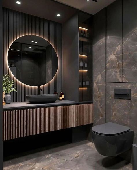 Small Bathroom Remodel Dark, Black Accent Bathroom, Small Bathroom Black, Dark Vanity Bathroom, Dark Bathroom Design, Dark Grey Bathroom, Lighting Bathroom Vanity, Black Bathrooms, Black Modern Bathroom