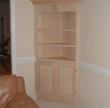 DIY built in corner china cabinet that Claudio want to try to make...heaven help us!  haha Corner Bookshelf Diy, Built In Corner China Cabinet, Built In Corner Cabinet, Corner China Cabinets, Corner China Cabinet, Corner Hutch, Corner Display Cabinet, Corner Cabinets, Corner Storage Cabinet