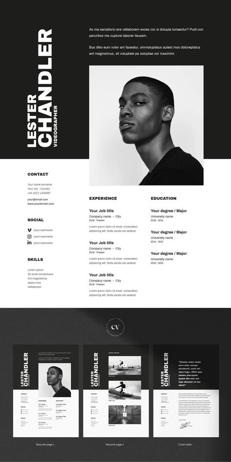 Lester CV resume template. A minimalist and creative template perfect for creative job like: videogapher, art director, photographer,.. Lester contains three pages. The first page for your resume, the second for your portfolio and the third for cover letter. Cv, Resume, Template, Cv Resume, Resume Cv, Word, Indesign, Photoshop, A4 Resume, Us Letter Resume, Cover Letter, Clean Resume, Clean Cv, Curriculum Vitae, Creative Resume, Creative Cv, Elegant, Minimalist #resume #afflink #resumedesigns Elegant Resume Design, Art Director Resume, Portfolio Cover Design Creative, Cv Designer Graphic, Creative Job Application, Creative Cv Ideas, Minimalist Cv Design, Cv Graphic Design, Modern Cv Template Free