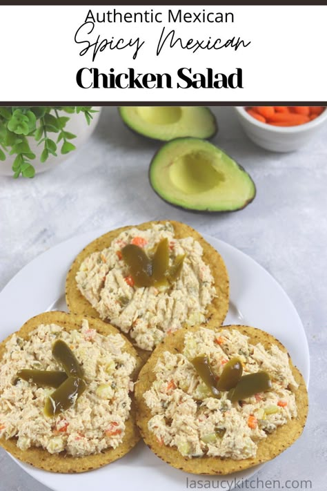 Chicken Tostada Recipes Mexican, Chicken Salad With Potatoes And Carrots, Chicken Tostada Salad, Spanish Chicken Salad, Chicken Salad Tostadas Mexican, Chicken Salad Recipe Mexican, Chicken Salad Recipe Mexican Style, Mayo Potatoes, Chicken Tostada Recipes